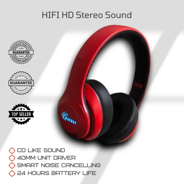 Macury Bluetooth Headphone, Over Ear, Foldable, Adjustable, Noise Cancelling (Red) - Image 2