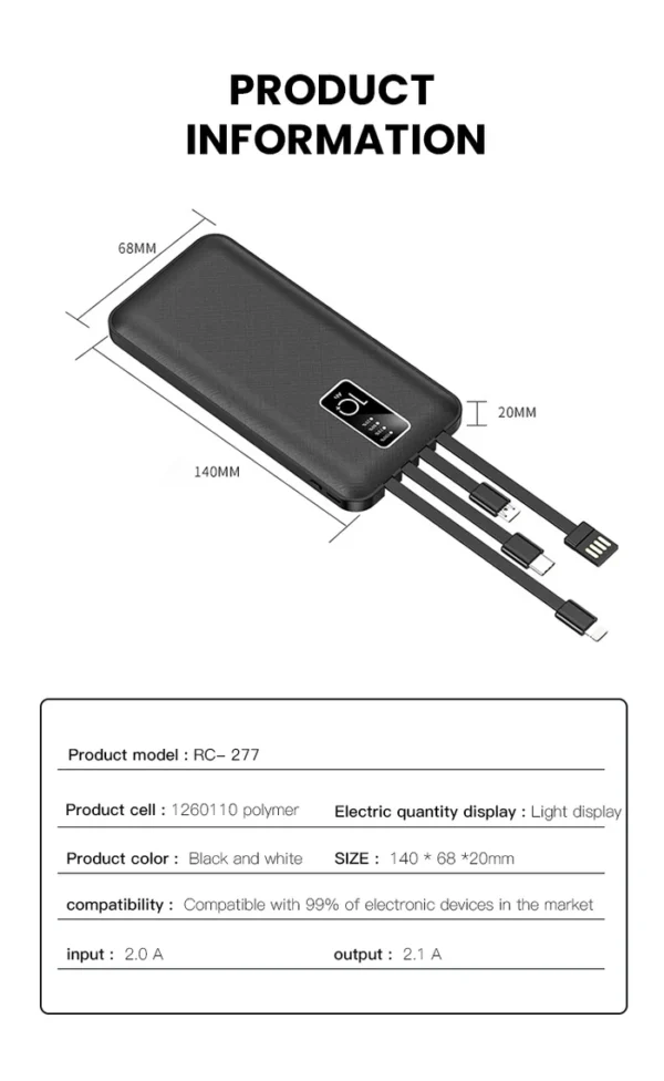 Macury 10000 mAh | Fast Charging | Portable Charger | 4 in1 Built in Cables Power Bank (White) - Image 2