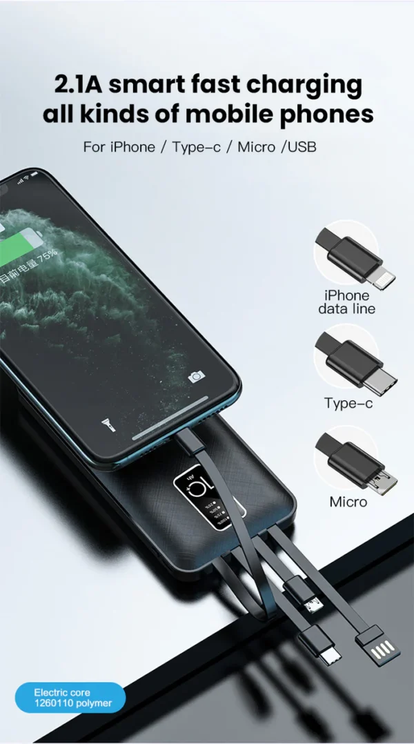 Macury 10000 mAh | Fast Charging | Portable Charger | 4 in1 Built in Cables Power Bank (Black) - Image 2