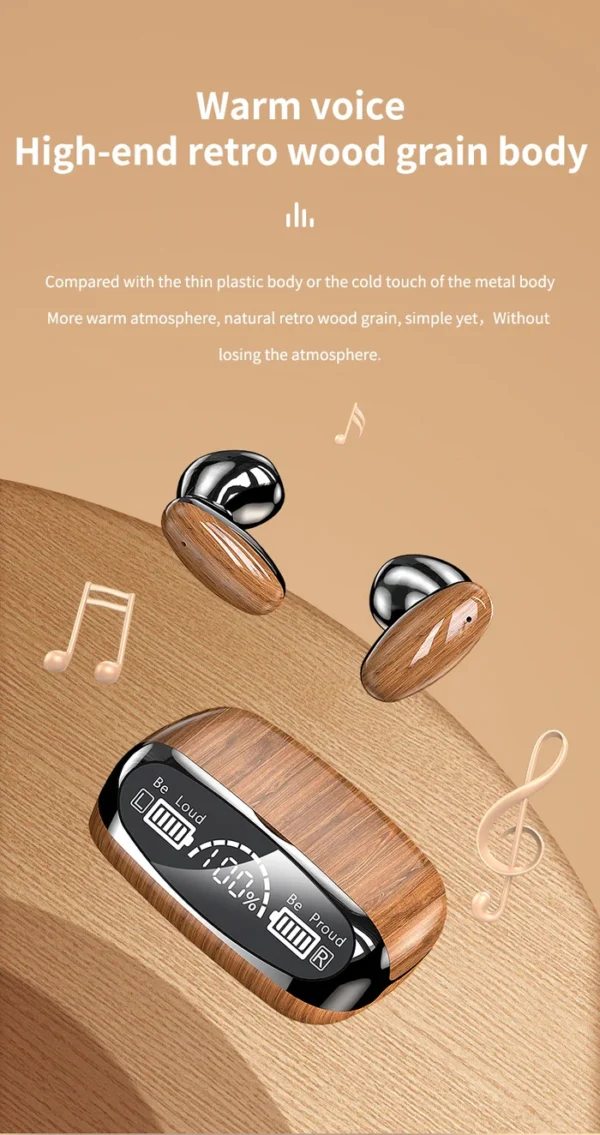 Macury Wooden Style Luxury Bluetooth 5.2 Wireless EarBud | Led Display | True Wireless Stereo Sound | Water Proof | Smart Touch | Power Bank - Image 4